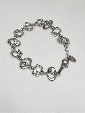 Silver Tone Crystal Link Bracelet Geometric Circle Square Adjustable